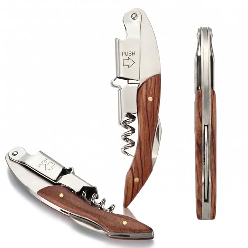 2 Pack Wooden Handle Waiter Corkscrew, Multifunctional Manual Wine Key, Double Hinged Wine Bottle Opener with Foil Cutter & Beer Opener, Portable Professional Bar Key for Home Kitchen Bar Restaurant