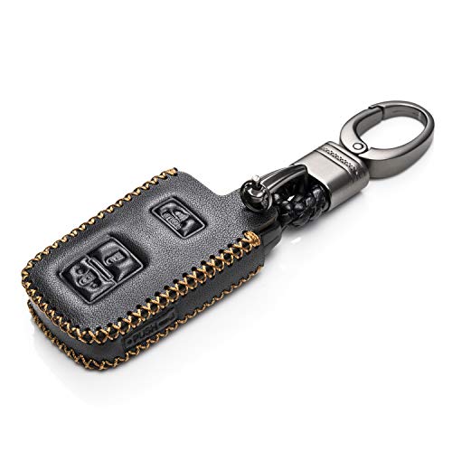 Vitodeco Genuine Leather Keyless Entry Remote Control Smart Key Case Cover With Leather Key Chain For Toyota Land Cruiser, Tacoma, Prius C (3 Buttons, Black) #TOP1