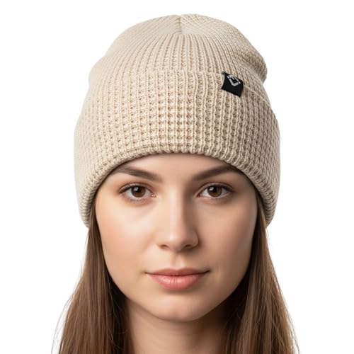 Waffle Knit Winter Beanie Hats for Men - Beige