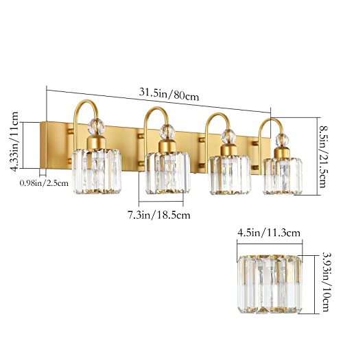 Image of Ralbay Gold Vanity Lights 4-Lights Gold Crystal Bathroom Vanity Lights Over Mirror Modern Crystal Bathroom Wall Lighting Fixtures