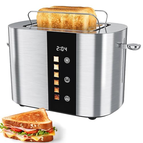 Short Slot Toaster 2, Stainless Steel Toasters With Touch Screen, 6 Levels, Cancel/defrost/Reheat Functions, Built-in Drying Rack, For Sandwiches Waffles & Pastries Double Short Slot