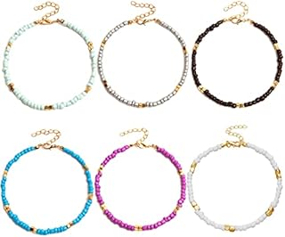 Udewo 6 Pcs Handmade Beaded Anklets, Colorful Ankle Bracelet Bohemian Glass Beads Handmade Anklets Boho Ankle Bracelets Set Adjustable Women Anklets Foot Chain Ankle Wrap Bracelets for Women Girls