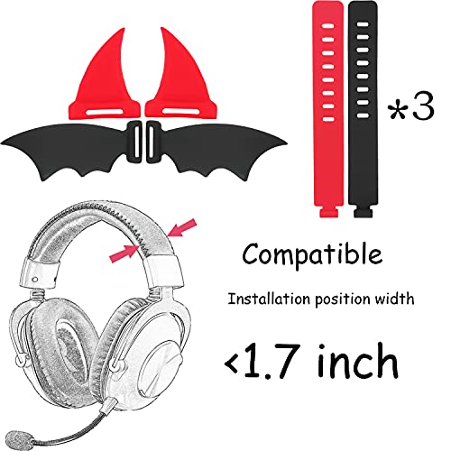 RUKUHOT Halloween Black Bat Wings + Red Devil Horns Headphone Attachment, Bat Devil Horns Headband Headset Decor, Cosplay Props Bat Wing for Halloween Christmas Party Dress Up Accessories