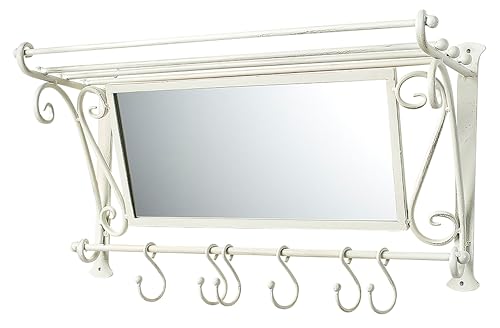 Kobolo Garderobe Antik-Weiß mit Spiegel und 6 Haken Metall