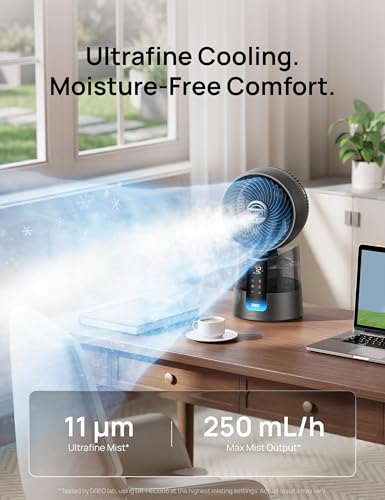 Image of DREO TurboCool Misting Fan 516, 5℉ Drop Cooling Fans that Blow Cold Air, 150+30 Omni-directional Oscillating, Evaporative air cooler, 26 ft /s Wind, Ultrafine Mist, 20dB Quiet, 6 Speeds 2 Modes, Grey