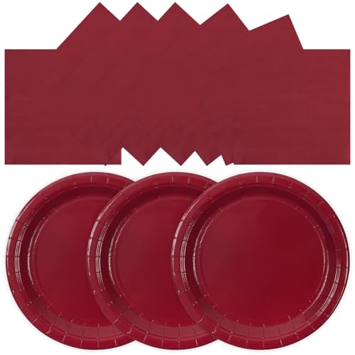 50PCS Burgundy Paper Plates and Napkins Party Decorations 7inch Solid Burgundy Dessert Plates Disposable Maroon Party Supplies Set for Birthday Wedding Graduation Fall Thanksgiving Christmas Picnic