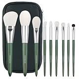 Natural Real Goat Hair Makeup Brushes Set Labeled 9 Piece Face and Eye Brush Set Ultra soft hair Foundation, Concealer, Blush, Contour, Blending, Eyeshadow Kabuki travel makeup brush set (green)
