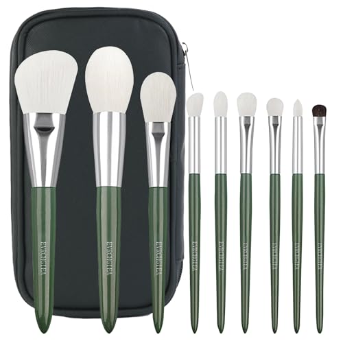 Natural Real Goat Hair Makeup Brushes Set Labeled 9 Piece Face and Eye Brush Set Ultra soft hair Foundation, Concealer, Blush, Contour, Blending, Eyeshadow Kabuki travel makeup brush set (green)