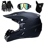 UIGJIOG Matt Black Motorcycle Cross Helmets, Full Face MTB Helmet with Goggles Mask Gloves, Motocross Helmet for Men, Youth & Kids, L(56~57cm)