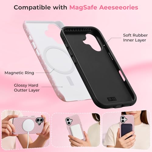 ZTOFERA Magnetic Case for iPhone 16, Polka Dot Phone Case Cute for Girl Women, Compatible with Magsafe, Hard PC+Soft TPU Protective Phone Cover for iPhone 16-Pink by ZTOFERA - Used condition - Image 3