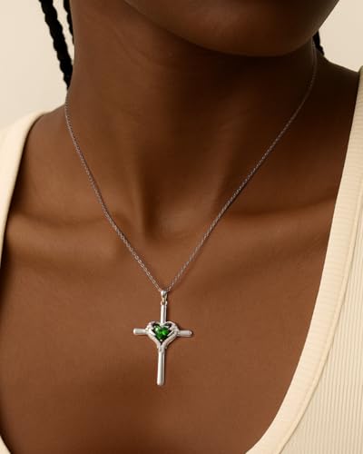 Cross Birthstone Necklace for Women 925 Sterling Silver, Heart Angel Wings Guardian Faith Protection Necklace, 18K White Gold Plated, Dainty Religious Birthday Gifts for Wife Daughter Mom 18"+2"3