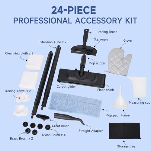 Image of Steam Cleaner with 24-Piece Attachments, Multipurpose Steamer Mop for Home, Floor, Car, Grout, Tile, Furniture, Carpet, Couch, Window, Wall, Upholstery, Oven Grease, Canister, 1.5L Tank