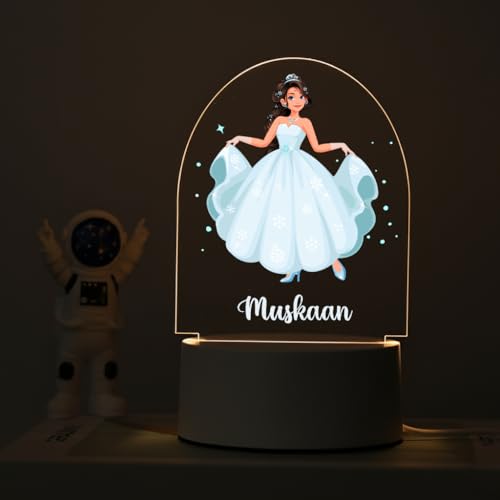 Image of SNAPTRAP LED Name Light Customized for Girls | Personalized Princess Acrylic Night Lamp with Custom Name | Fairy, Ballerina & Royal Dress Designs | USB Nursery Night Light Gift (Ice Blue)