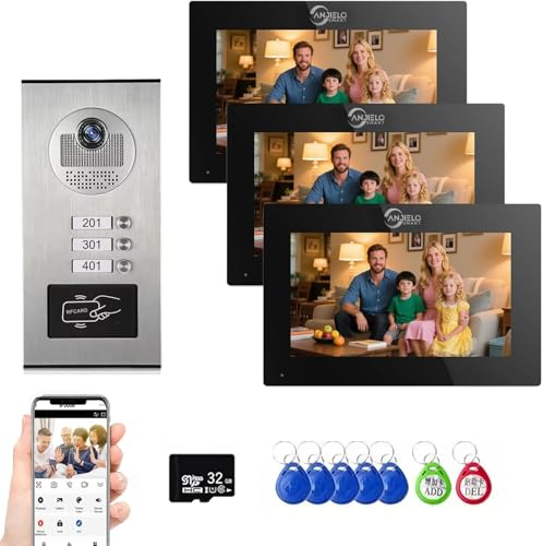 Videoportero para apartamentos con timbre HD 1080p, 2 pantallas táctiles de 7 pulgadas, detección de movimiento, audio bidireccional y compatible con Tuya Smart Home (1 timbre + 3 monitores negros)