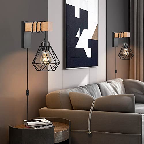 Plug In Wall Sconces Set Of Two,Farmhouse Wall Mounted Lights With Plug In Cord,Black Rustic Wall Lamp For Bedroom Bedside Living Room,With Wood Arm And 70.8Inch On/Off Switch Cord,2 Pack #TOP2