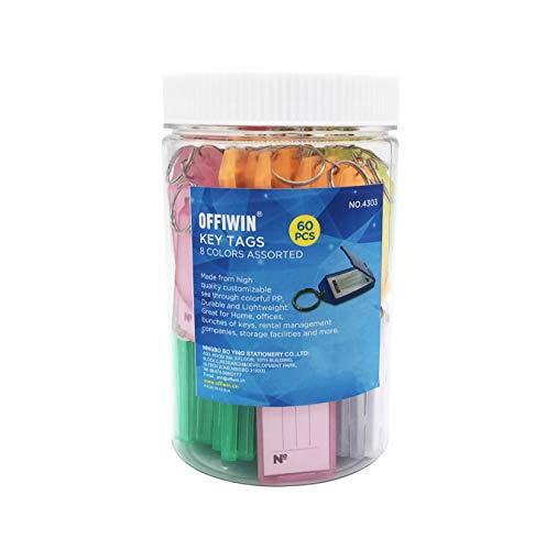 Offiwin 60 Pcs Plastic Key Tags Keys Identifier Id Labels With Split Ring Label Window, Assorted Colors In One Pet Jar #TOP5