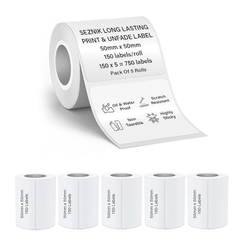 Image of Seznik Waterproof, Non-Tearable, Sticky Thermal Lables, Label Roll, 2 inch Adhesive Thermal Labels for Label Printers, 50mmx50mm, 750 Lables
