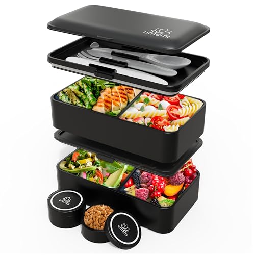 Comparison: Best Microwave Lunch Box 5 Umami Bento Box Adult All-In-1 w/4 Utensils, 2 Sauce Jar, 2 Dividers, 100% Leakproof, Microwave & Dishwasher Safe, Stackable Bento Lunch Box Containers for Men/Women, Matte Black, 40 oz