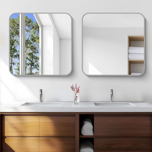 Image of Silver Bathroom Mirror, 30 x 30 Inch Silver Square Mirror, Metal Framed Rectangular Vanity Mirror, Rounded Corner Wall Mounted Mirror for Living Room Bedroom Entryway Hangs Horizontal /Vertical