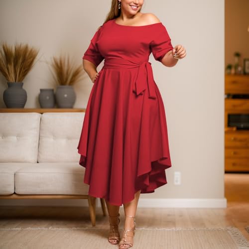 Image of Plus Size Women Wedding Guest Dress Off Shoulder Boat Neck Irregularly Flowy Midi Church Dress