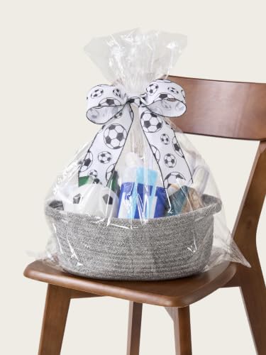 Image of Small Woven Gift Basket Empty with Bag & Ribbon, Storage Basket for Father's Day for Dad, Baby Shower, Raffle, Birthday, Cute Organizer with Handles, 12 inchx8 inchx5 inch, Gray /Soccer