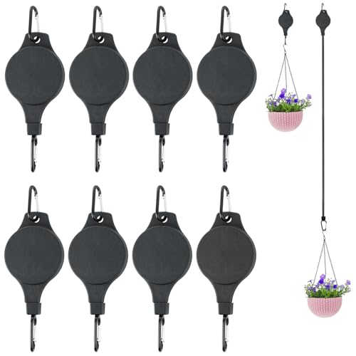 YAYODS 8 Pcs Plant Pulleys for Hanging Plants Heavy Duty Retractable Plant Hanger Pull Down Adjustable Hook for Garden Baskets Pots,Birds Feeder and Grow Lights, Black