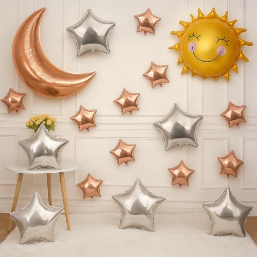 Image of Party Propz Rose Gold Balloon Decoration Set -19 Pcs Sun and Moon Theme Decor with Moon Foil, Sun Foil Balloon, Rose Gold Star Balloon, Glue Dot Sheet