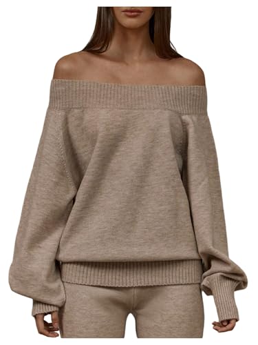Women's Off The Shoulder Sweaters Bishop Sleeve Cuffed Hem Jumper Pullovers Knit Tops