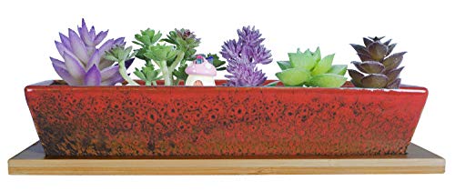 Macetas De Cerámica Para Plantas Suculentas, Contenedores De Plantas De Flores Rectangulares Largas Con Bandejas De Bambú, Caja De Ventana De Bonsái De Cactus Poco Profunda Macetas De Cerámica Para Plantas Suculentas, Contenedores De Plantas De Flores Rectangulares Largas Con Bandejas De Bambú, Caja De Ventana De Bonsái De Cactus Poco Profunda