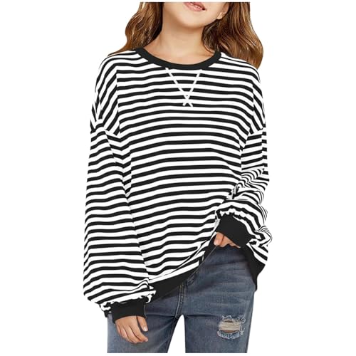 Long Sleeve Shirts For Girls Trendy Crewneck Stripes Graphic Tops Teen Girls Oversized Y2K Spring Outfits 6-14 Years
