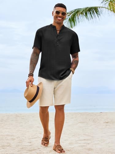 Image of Runcati Mens Casual Henley Shirt Short Sleeve Band Collar Textured Shirts Summer Beach Hippie T-Shirts