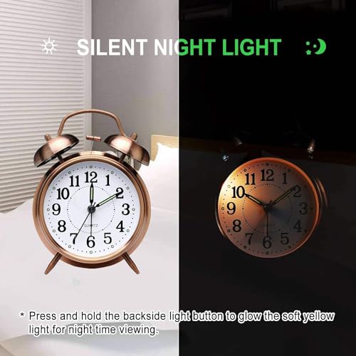 Image of Alarm Clock, Silent Non Ticking Small Clock, Battery Operated, Simple Design, Old Fashioned Style Ideal Decor, for Bedroom, Bedside, Desk, Adult, Kid, Gift (Tween Golden)