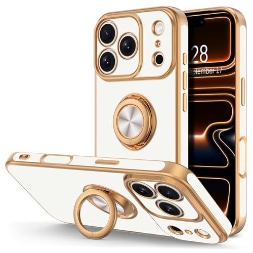 Hython for iPhone 17 Pro Max Case with Ring Stand, 360° Rotatable Ring Holder Magnetic Kickstand, Plating Rose Gold Edge Soft Cover Protective Phone Case for iPhone 17 Pro Max 6.9", White by Hython - Used condition - US$11.10