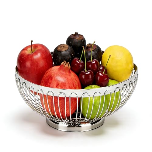 Tissting Obstschale Silber Edelstahl Obsttablett 20cm/22cm/24cm/26cm Runde Snack Gemüse Schale Europäischen Stil Draht Hohl Deko Obstkorb für Home, Restaurant(22cm)