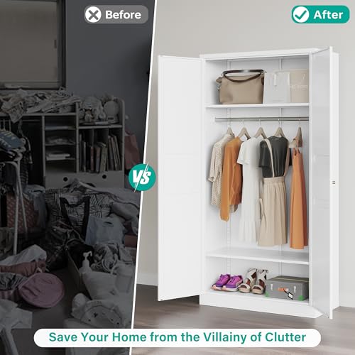 Metal Wardrobe Cabinet,Armoire Wardrobe Closet with doors,White Metal Clothing Storage Cabinet with Adjustable Shelves and Hanging Rod,72\" Tall Cloth Storage Cabinets for Home,Bedroom Armoires,Laundry - Thumbnail 7