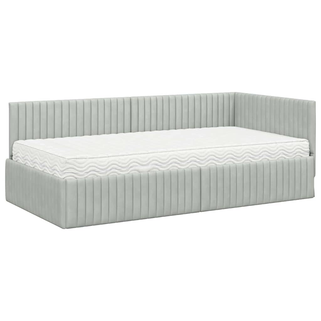 Struttura letto angolare in velluto grigio chiaro con materasso 2 pezzi supporto robusto e testata montata a parete ideale per camere moderne e funzionali