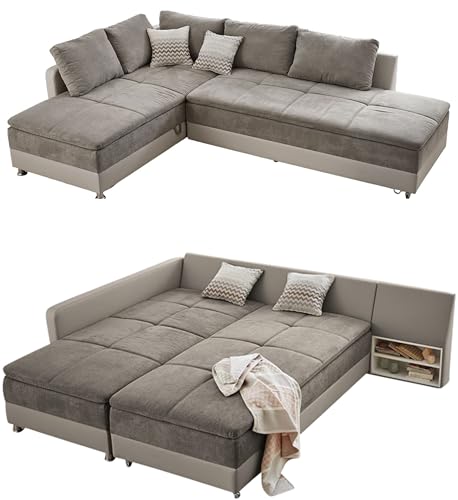Federkern Ecksofa B306/T223/H95 cm Dauerschläfer, Doppelbett Schlaffunktion, Kaltschaum-Topper, Bettkasten, Regal, Schwenkteil RECHTS, Mikrofaser-Bezug Grau Braun, Korpus Kunstleder Beige / 15102
