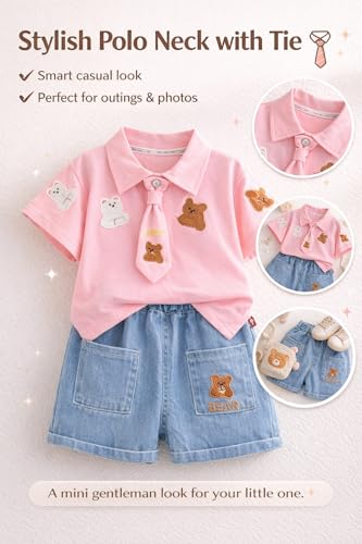 Image of Bold N Elegant Boys Polo T-Shirt and Denim Shorts with Detachable Tie Smart Casual Clothing Set for Kids | Kids Trendy Outfit