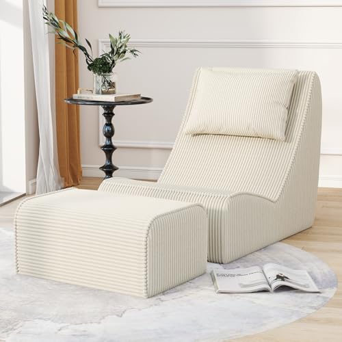 Snug Sofee Giant Bean Bag Chair for Adults,Corduroy Chaise Lounge with Unrivaled Back Support, Detachable Neck Pillow, Comfortable Ottoman & Washable Cover for Living Room, Bedroom, Garden(White)