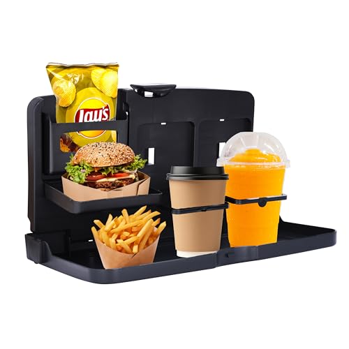 Flybold Portable Car Folding Table - Multifunctional Food Holder for Snacks, Kids Meals, or Coffee - Comfortable Dining while on Travel - Folding Table Organizer - Black, 13.3'Lx7.8'Wx7.7'H