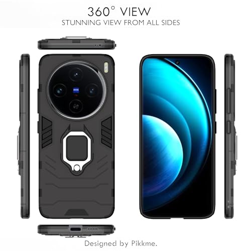 Image of Pikkme Vivo X100 5G Back Cover | D5 Tough Armor Bumper | 360 Protection Case | Ring Holder Stand Case for Vivo X100 5G (Black)