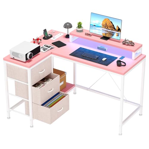 Image of Hetoy L-Shaped Gaming Desk with Power Outlets, Corner Desk with Drawers, Shelves & LED Lights, Computer Desk for Home & Office