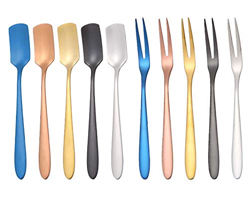Juego de 10 cucharas de degustación y tenedor, tenedor de frutas de acero inoxidable, cuchara de café, tenedor de comida occidental, tenedor de pastel de postre (5 tenedores + 5 cucharas), 5 colores