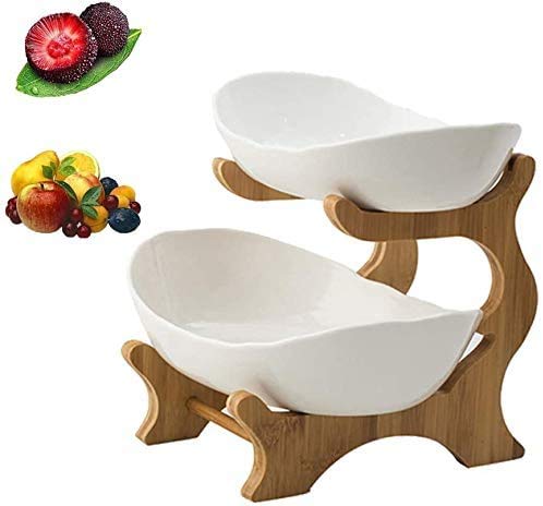 PetKids 2 Etagen Keramik Obstschale Mit Ständer FüR Obst,Brot, Snacks,White, Obstteller Früchtekorb Gemüse Süßigkeiten Regale Obstkorb Aufbewahrung, Porzellan Cover