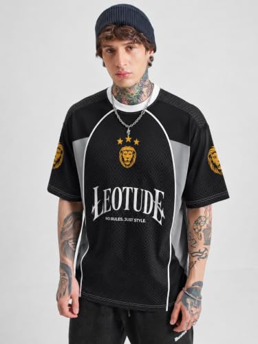 Image of LEOTUDE Men's Oversized Sports Jersey T-Shirt | Premium Streetwear Graphic Tee | Breathable Polyester Casual Athletic Half Sleeve Round Neck Black T-Shirt for Mens (Color : Black)
