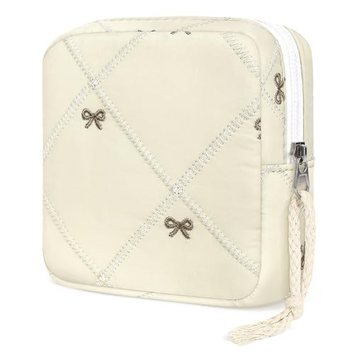 Image of Likesing Period Bag Pouch, Quilted Cotton Tampon Holder for Purse-Beige Bow | Quilted Period Pouches for Teen Girls, Women Portable Sanitary Napkin Storage Bag, Feminine Sanitary Bags Emergency Pad Pouch