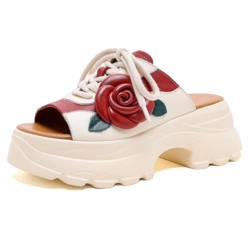 Women's Ethnic Cow Genuine Leather Flats - 6cm Mary Jane Peep Toe Platform Summer