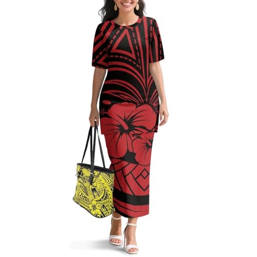Image of Polynesian Dress for Women Short Sleeve High Waist Maxi Skirt | Puletasi dress, t-shirt and skirt two-piece, elastic material, lightweight, soft, plus size, luau party, wedding, clubwear