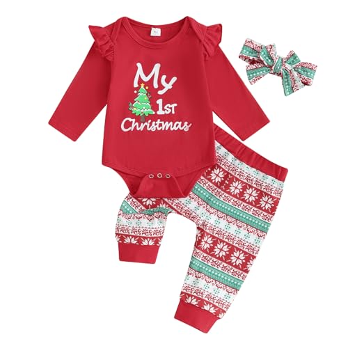 FYBITBO My First Christmas Baby Girl Boy Outfit Long Sleeve Romper Onesie Top+Pants+Hat+Headband Fall Winter Clothes (My 1st Christmas,0-3 Months)