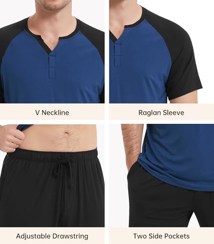 Image of NACHILA Pajamas Set for Men-Viscose Made from Bamboo,Short Sleeve Sleepwear Soft Pjs with Shorts Cool Loungewear Dark blue /Black M